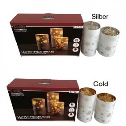 Kerzen LED Echtwachs in Glas 3er Set Gold/Silber, Schneeflocken Motiv