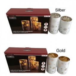 Kerze LED Echtwachs in Glas 3er Set Gold/Silber, Schneeflocken Motiv