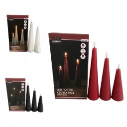 Kerze - Kegelkerze Rustic LED Echtwachs 3er Set mit Timer in 3 Farben