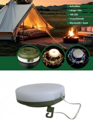 Campinglampe inkl. 10 m Lichterkette mit 100 LED aufrollbar, mit Akku
