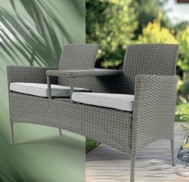 Gartenbank 2-Sitzer mit Tisch Inkl. Sitzpolster in Rattanoptik
