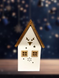 W Dekohaus aus Porzellan LED mit Holzdach H x 20,5 cm